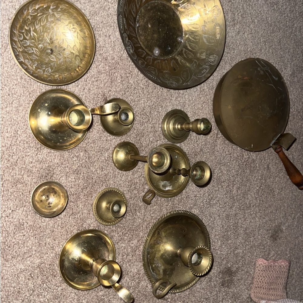 Vintage Brass Candle Holders and Bowls Set
